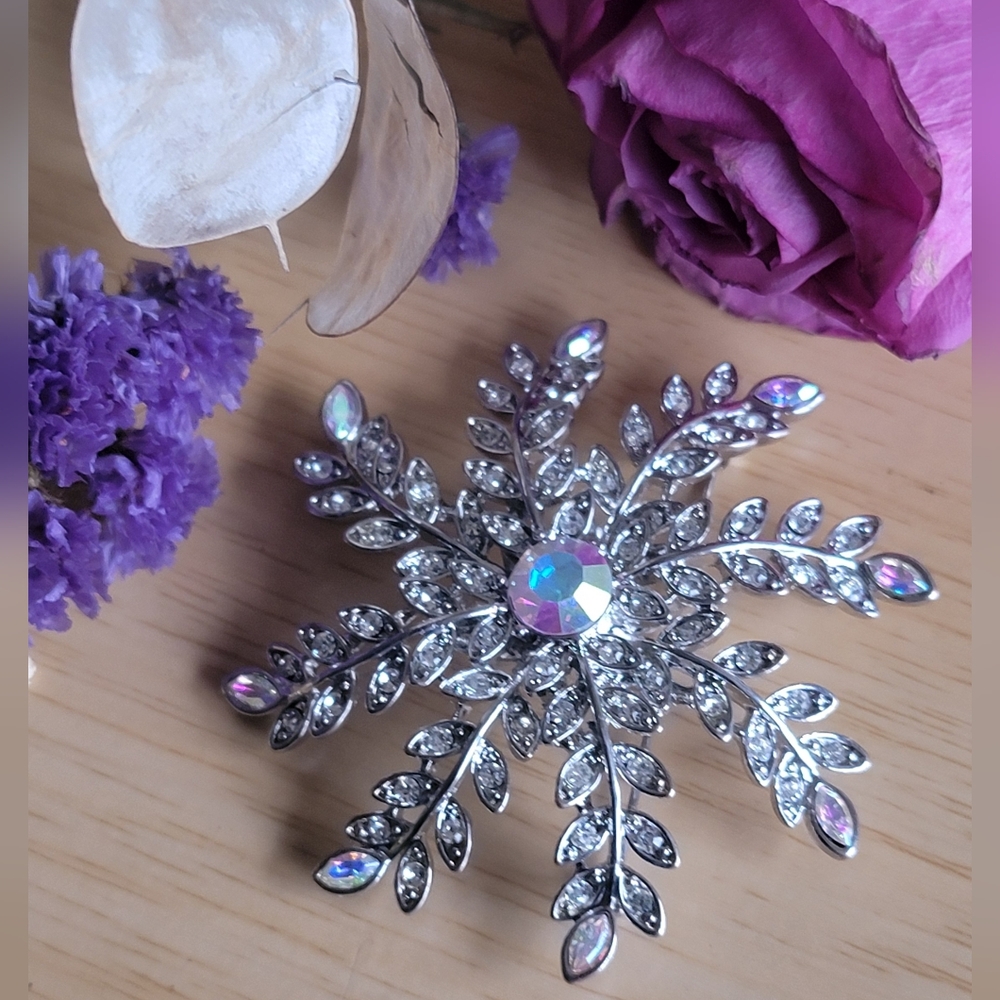 Elegant AB Silver Tone Snowflake Brooch